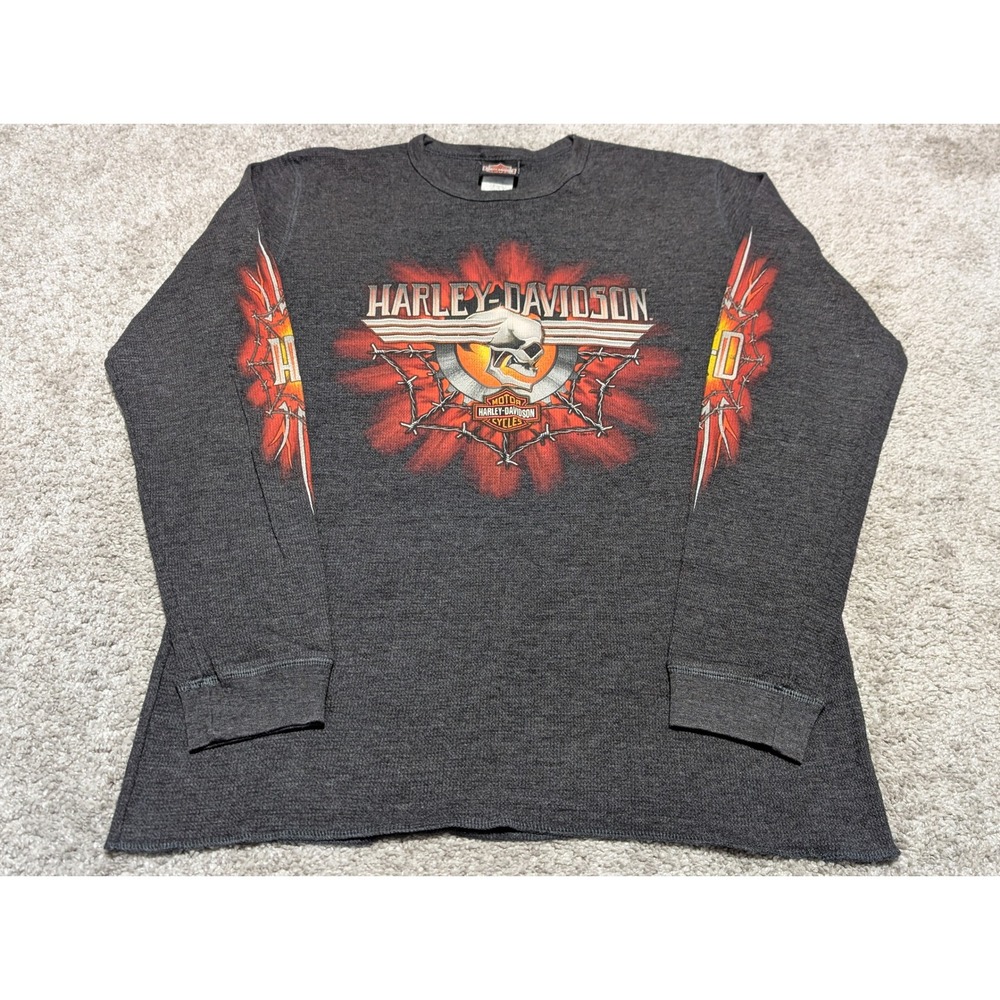 Harley Davidson Thermal Shirt Mens XL Y2k Flames Skull Barbed Wire Long Sleeve
